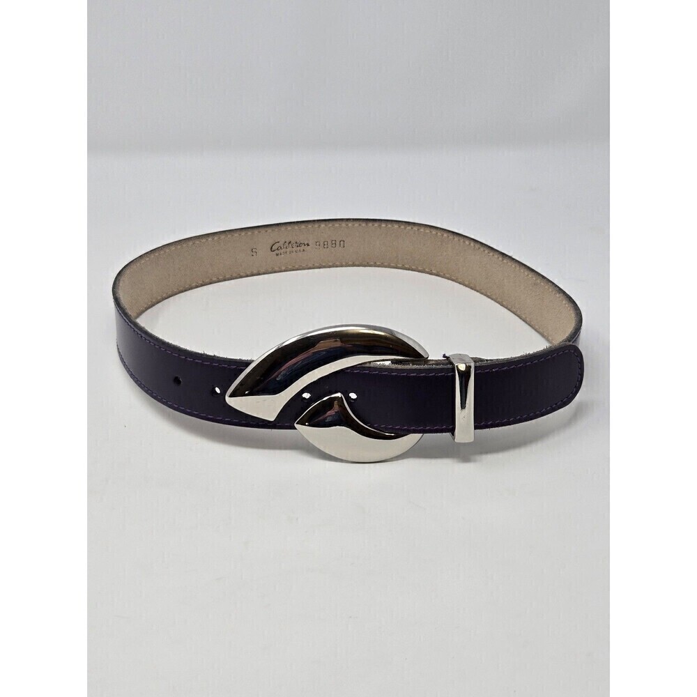 VINTAGE CALDERON PURPLE LEATHER STATEMENT BELT OVERSIZE SILVER BUCKLE WOMEN S